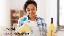  Presentation with sprayer - Colorful PPT theme enhanced with sprayers - cleaning housework and housekeeping concept backdrop and a soft green colored foreground