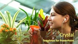  Presentation with sprayer - Presentation enhanced with sprayers - image of european woman gardener background and a  colored foreground