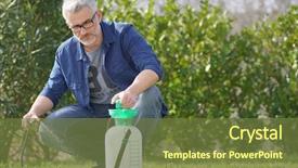  Presentation with sprayer - Slides featuring sprayers - mature man using garden sprayer background and a tawny brown colored foreground