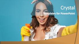  Presentation with rubber gloves - PPT layouts having sprayers - photo closeup of cheerful housewife background and a teal colored foreground