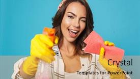  Presentation with rubber gloves - Slide deck featuring sprayers - portrait closeup of happy pretty background and a yellow colored foreground