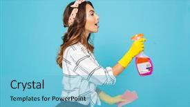  Presentation with rubber gloves - Cool new PPT layouts with sprayers - portrait of attractive woman 20s backdrop and a light blue colored foreground