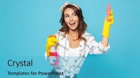  Presentation with rubber gloves - Slide deck with sprayers - portrait of caucasian woman 20s background and a teal colored foreground