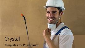  Presentation with pesticide - Cool new PPT layouts with spraying chemicals crop - portrait of happy manual worker backdrop and a coral colored foreground