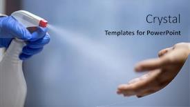  Presentation with antiseptic - Audience pleasing slide deck consisting of spraying-hands-with-antiseptic-solution backdrop and a light blue colored foreground