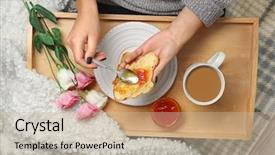  Presentation with croissant - Theme featuring spread - woman spreading jam over croissant background and a soft green colored foreground