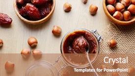  Presentation with dark homemade chocolate bars - Colorful presentation theme enhanced with spreading - jar of homemade chocolate hazelnut backdrop and a coral colored foreground