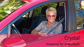  Presentation with car seat - Colorful PPT theme enhanced with sprightly - elderly woman in a seat backdrop and a red colored foreground