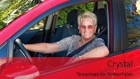  Presentation with older car - PPT theme featuring sprightly - older woman when wearing background and a crimson colored foreground