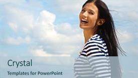  Presentation with woman in labor - Beautiful presentation featuring sprightly - portrait of smiling young woman backdrop and a light blue colored foreground