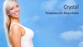  Presentation with beautiful young woman getting face - PPT layouts consisting of sprightly - young beautiful woman against blue background and a  colored foreground