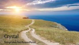  Presentation with sunset coast of the sea - Theme consisting of spring ahead - countryside road near sea background and a coral colored foreground