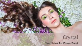  Presentation with cosmetics beauty - Beautiful presentation design featuring spring-beauty-close-up-portrait backdrop and a soft green colored foreground