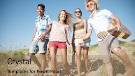  Presentation with camping - PPT theme featuring spring break - group of young people camping background and a coral colored foreground