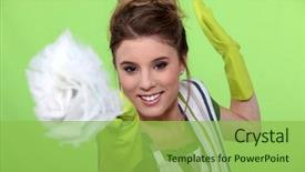  Presentation with fun - Colorful presentation theme enhanced with spring cleaning - fun woman doing household chores backdrop and a yellow colored foreground