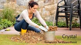  Presentation with chemistry leaves green leaf - Cool new slides with spring cleaning - smiling woman stuffing dry leaves backdrop and a coral colored foreground