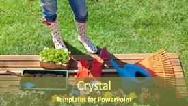  Presentation with gardening tools on fertile soil - PPT theme having spring cleaning - woman with gardening tools standing background and a tawny brown colored foreground