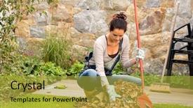  Presentation with autumn leaves - Amazing PPT layouts having spring cleaning - young woman raking leaves autumn backdrop and a yellow colored foreground