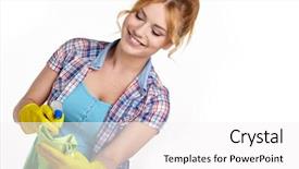  Presentation with cleaning - Amazing slide deck having spring cleaning woman pointing cleaning backdrop and a white colored foreground