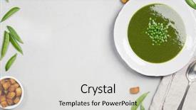  Presentation with healthy soup - PPT theme enhanced with spring detox pea green cream background and a light gray colored foreground