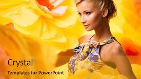  Presentation with mustard seeds yellow flowers - Amazing slide deck having spring fashion - beautiful young cheerful blond woman backdrop and a gold colored foreground