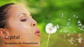  Presentation with fever - Presentation design with spring fever - woman blowing on a dandelion background and a coral colored foreground