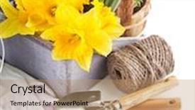  Presentation with garden tools - Beautiful PPT theme featuring season lent - spring flowers with garden tools backdrop and a coral colored foreground
