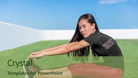  Presentation with sun rise back ground - Beautiful theme featuring spring foreward - fitness woman stretching hamstring leg backdrop and a seafoam green colored foreground