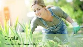  Presentation with gardening - Amazing slide deck having spring garden - smiling blond woman gardening backdrop and a mint green colored foreground