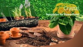  Presentation with soil - Presentation design consisting of spring-gardening-concept-gardening-tools background and a forest green colored foreground
