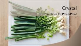  Presentation with green onions and bulb onion - Slide deck having spring onions on a chopping background and a soft green colored foreground
