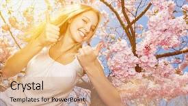  Presentation with cherry blossom - Slide deck with spring praise - young happy woman holding bother background and a  colored foreground