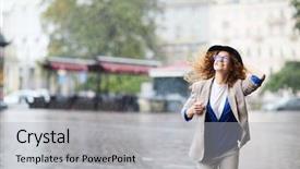  Presentation with health woman running female runner - PPT theme with spring professional - happy young woman in casualwear background and a light gray colored foreground