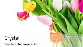  Presentation with purple spring - Beautiful presentation design featuring spring purple tulips and birds decoration backdrop and a white colored foreground