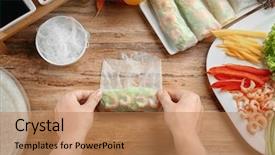  Presentation with rice - Beautiful PPT layouts featuring vietnamese culture - woman preparing spring rolls backdrop and a coral colored foreground