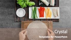  Presentation with rice - PPT theme with vietnamese culture - woman preparing spring rolls background and a coral colored foreground