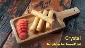  Presentation with rustic spring - Colorful presentation theme enhanced with spring rolls isolated on rustic wooden background backdrop and a tawny brown colored foreground