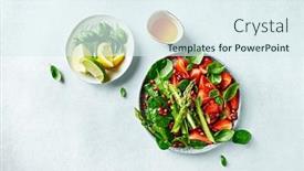  Presentation with salad dressing - PPT layouts consisting of spring-salad-with-strawberries-pomegranate background and a sky blue colored foreground
