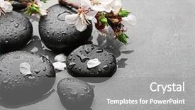 Presentation with spa stones leaves - Theme enhanced with spring showers - beautiful spa composition with wet background and a gray colored foreground