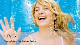  Presentation with young business woman smile show - Colorful PPT layouts enhanced with spring showers - blond young woman taking backdrop and a lemonade colored foreground