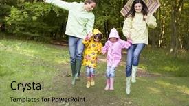  Presentation with umbrella - Presentation theme having spring showers - family outdoors skipping with umbrella background and a seafoam green colored foreground