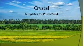  Presentation with lanscape - Presentation theme featuring spring summer background - green grass field meadow scenery lanscape under blue sky with grazing horse background and a light blue colored foreground