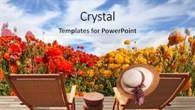  Presentation with recreation - Slide deck featuring spring sun wooden comfortable chairs next to the flower field the concept of recreation and eco-tourism straw hat hanging on a deck chair background and a light blue colored foreground