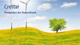  Presentation with spring tree - PPT theme having spring tree on dandelions field with wind turbines background and a sky blue colored foreground