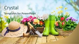  Presentation with spring water - Theme enhanced with spring water - gardening tools and flowers background and a sky blue colored foreground