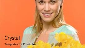  Presentation with narcissus - Presentation featuring spring woman hold yellow narcissus flowers on orange background background and a gold colored foreground