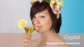  Presentation with springtime - Theme having springtime woman with butterfly and flower hair drinking a cocktail background and a coral colored foreground