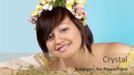  Presentation with springtime - PPT theme having springtime woman with butterfly and flower hair lying in grass background and a coral colored foreground