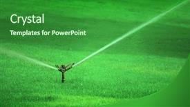  Presentation with water irrigation - Presentation design with sprinker spraying water on lush background and a forest green colored foreground
