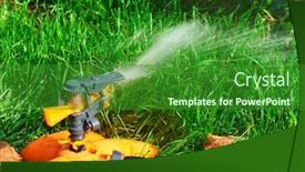  Presentation with sprinkler system - Cool new PPT layouts with sprinkler head of automatic watering the bush grass and lawn spraying water over green grass irrigation system backdrop and a forest green colored foreground